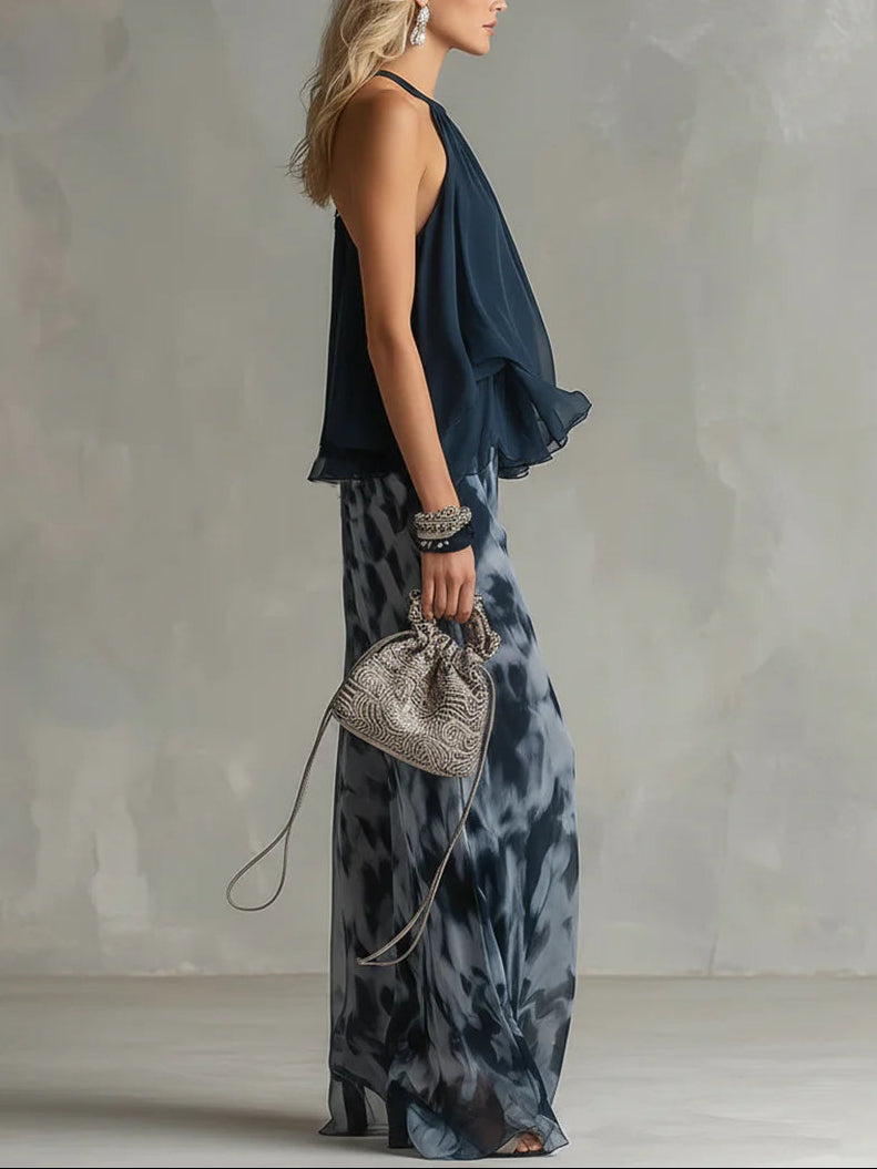 Neck Top And Printed Wide-leg Pants Chiffon Set