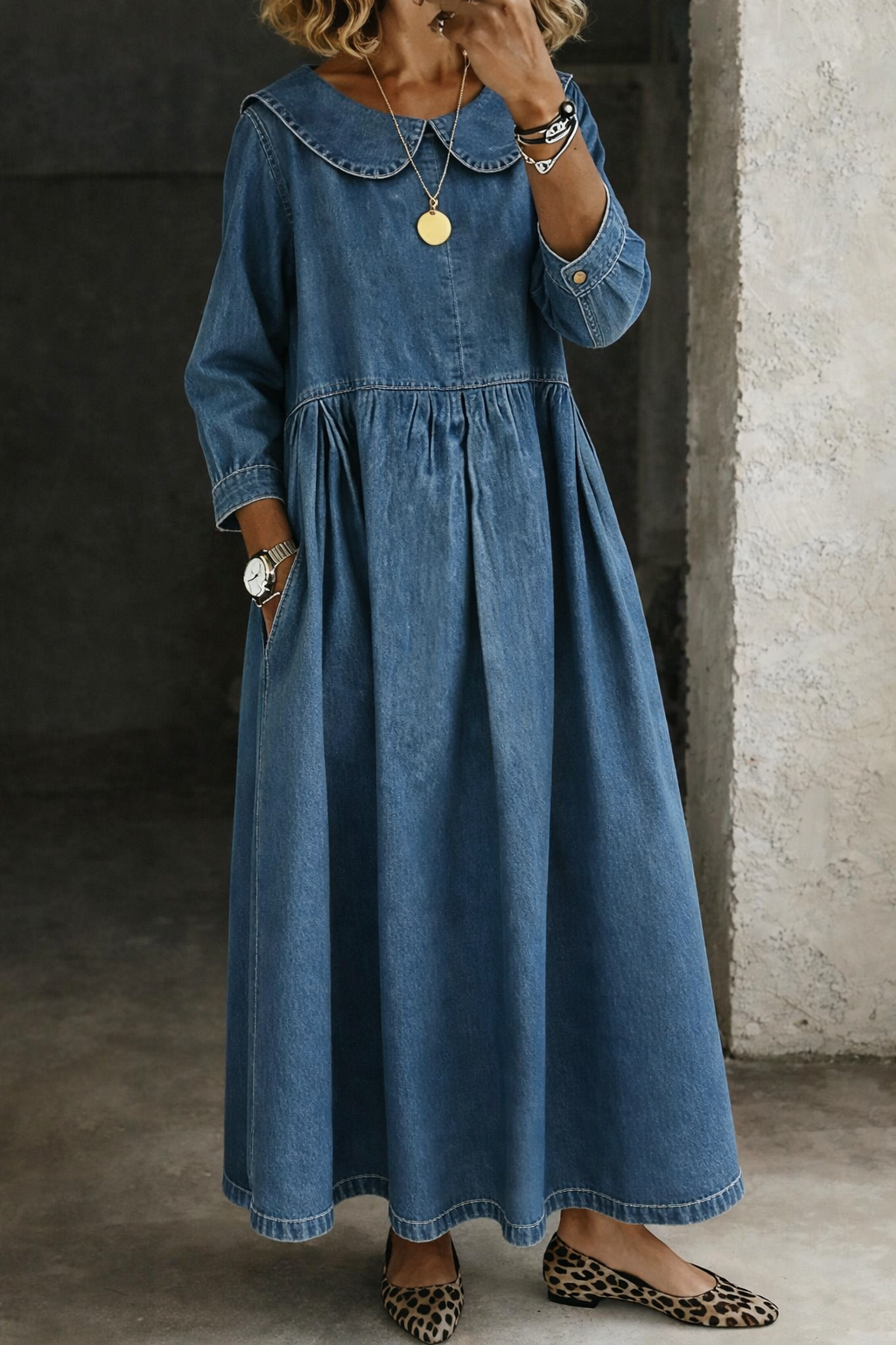 Clara | Peter Pan Denim-Look Collar Dress