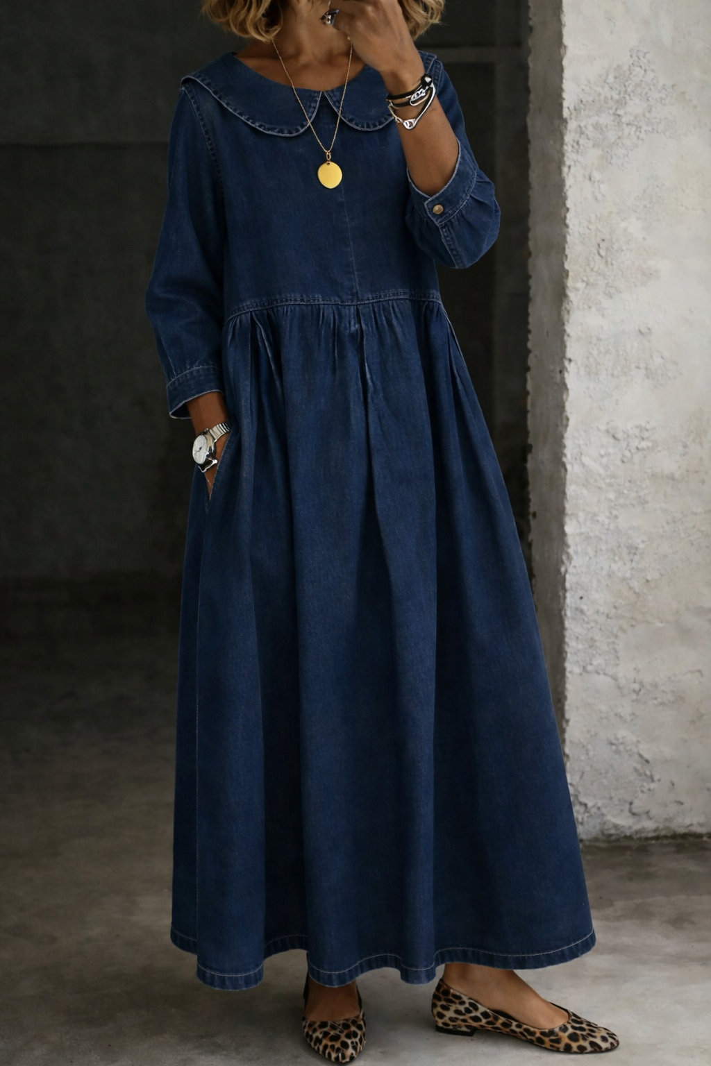 Clara | Peter Pan Denim-Look Collar Dress