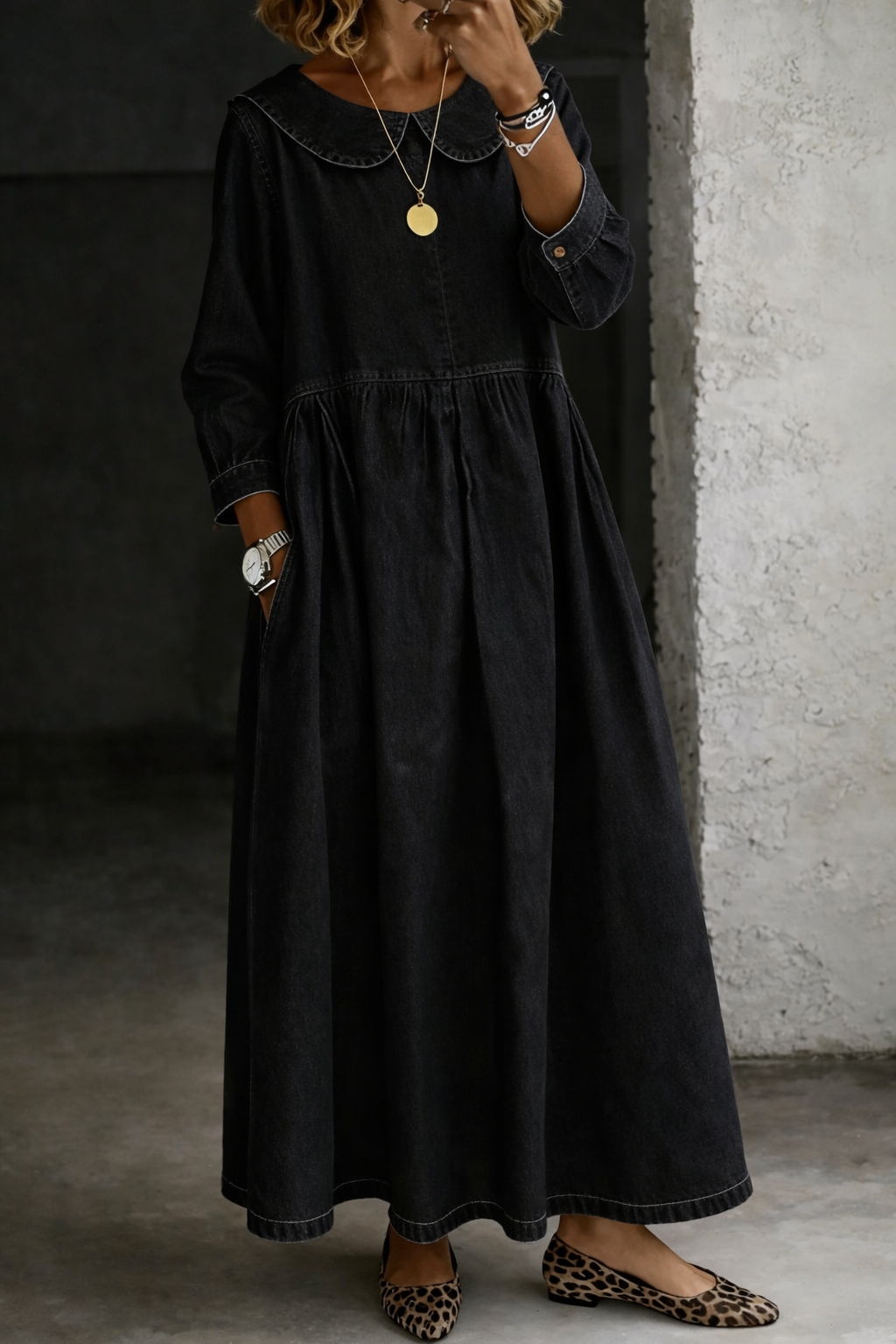 Clara | Peter Pan Denim-Look Collar Dress