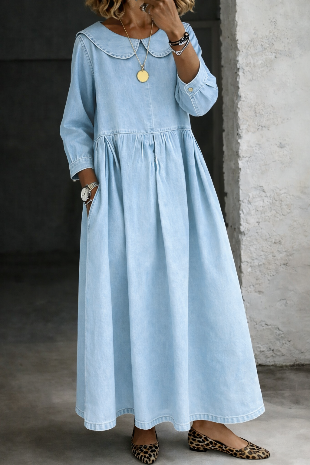 Clara | Peter Pan Denim-Look Collar Dress