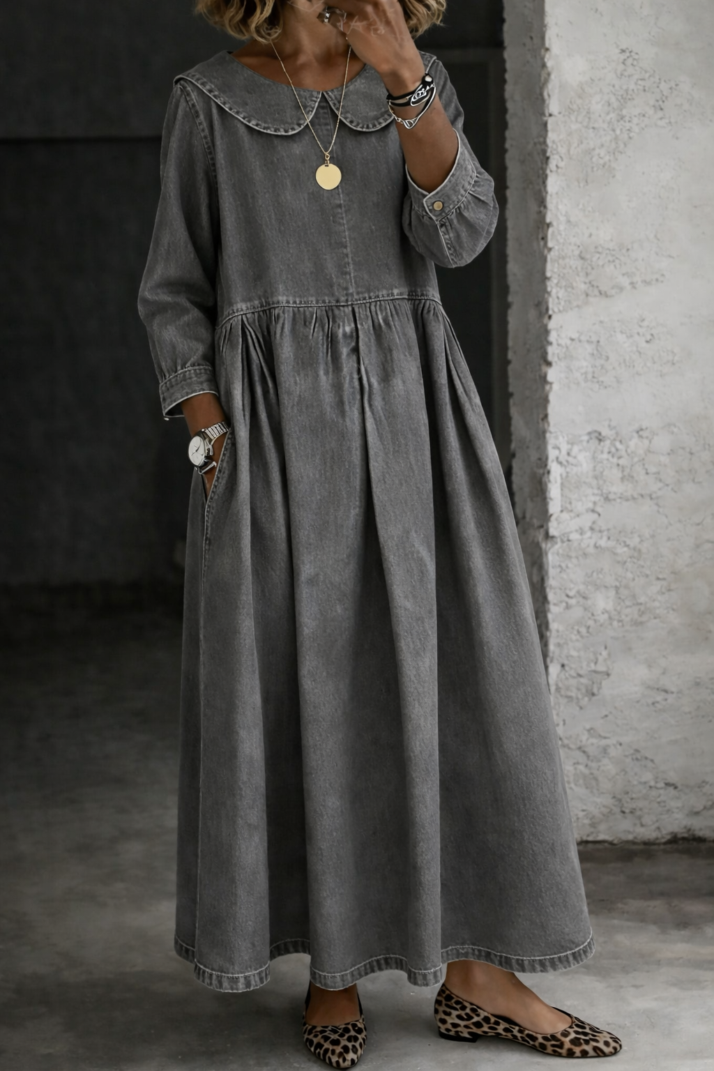 Clara | Peter Pan Denim-Look Collar Dress