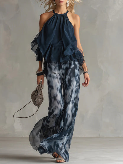 Neck Top And Printed Wide-leg Pants Chiffon Set