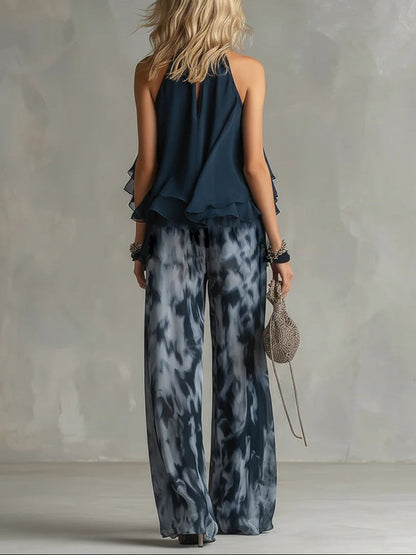 Neck Top And Printed Wide-leg Pants Chiffon Set
