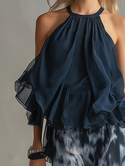 Neck Top And Printed Wide-leg Pants Chiffon Set