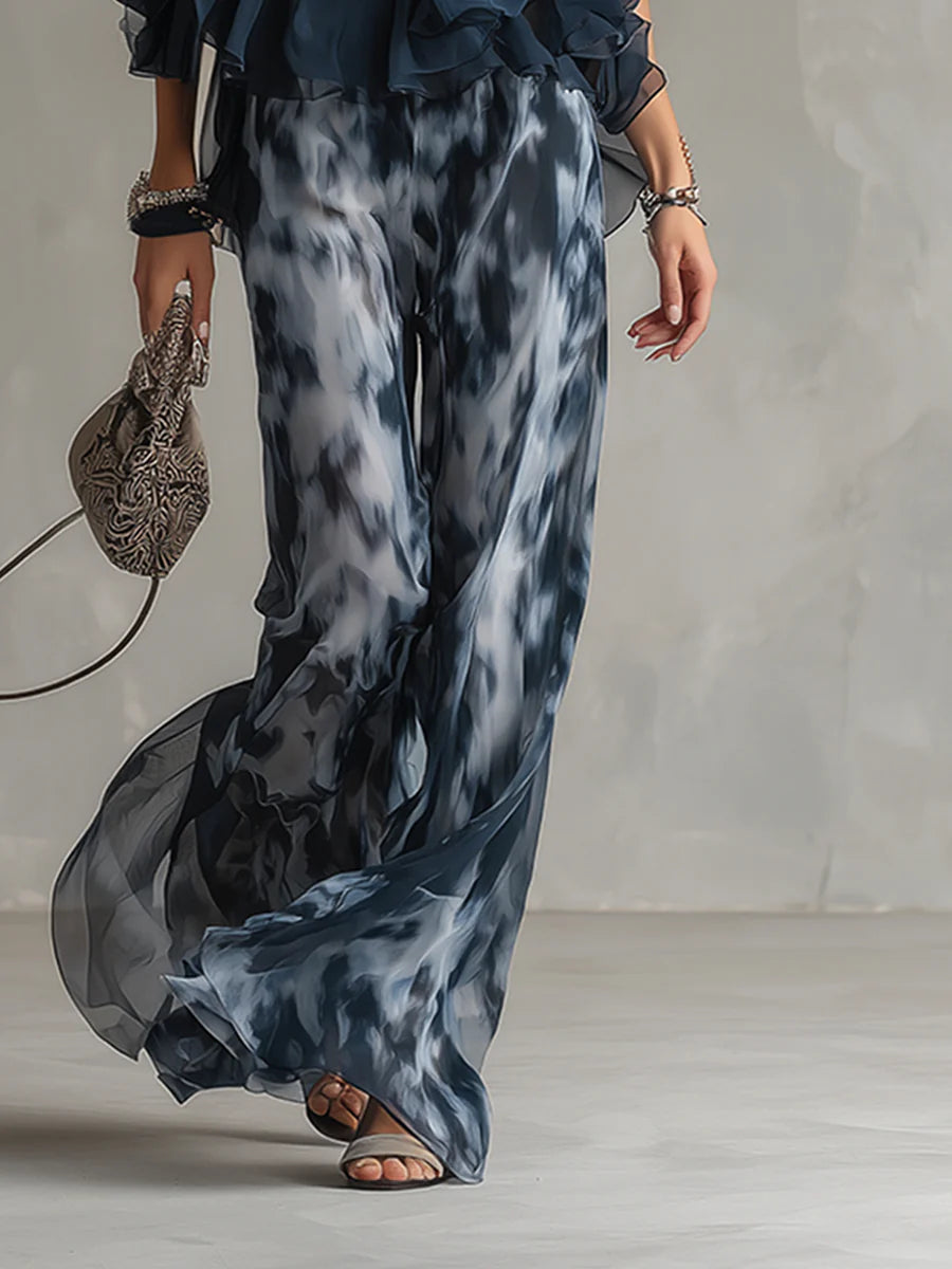 Neck Top And Printed Wide-leg Pants Chiffon Set