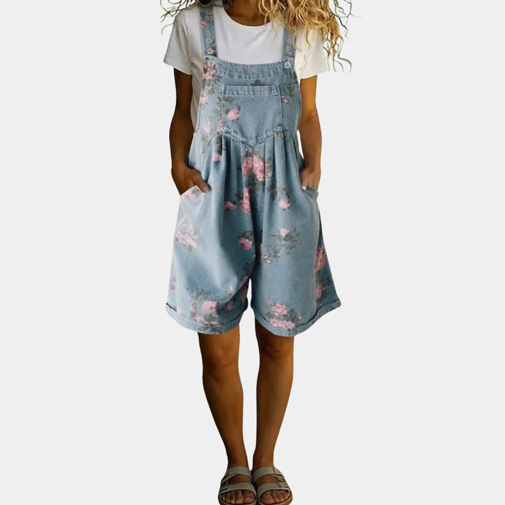 June - Vintage Washed Soft Cotton Feel Denim Floral Jumpsuit