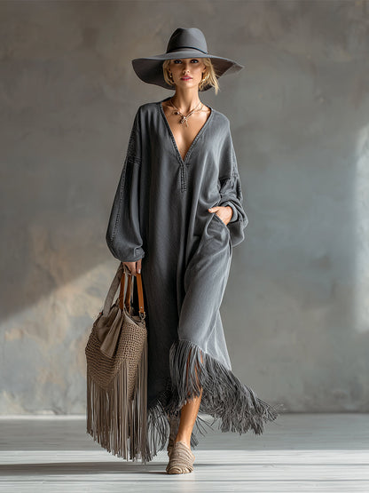 Martha | Elegant Denim Tassel Maxi Dress