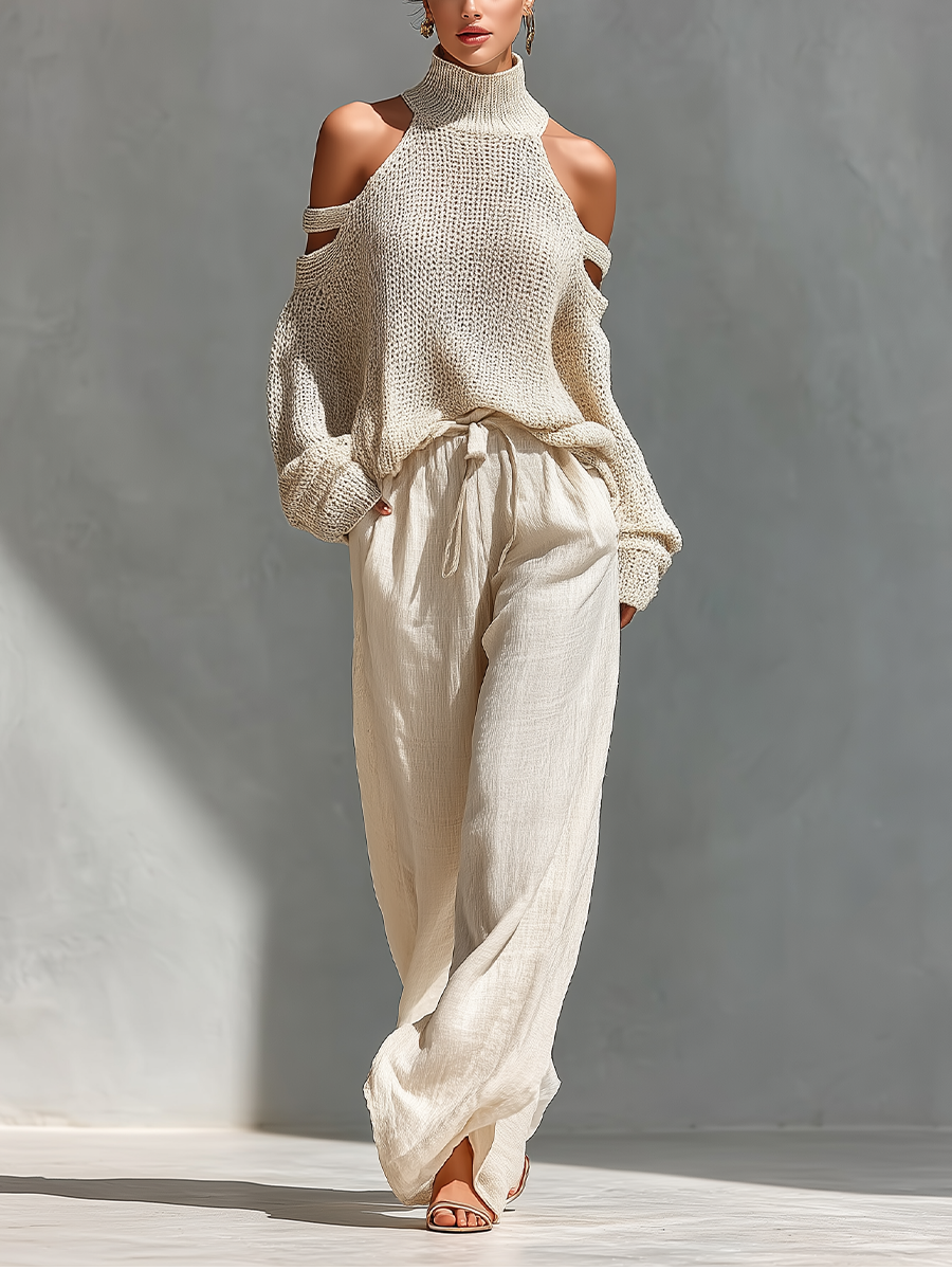 Turtleneck Top & Wide-Leg Pants Set