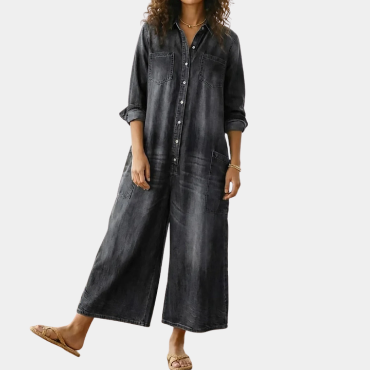 June - Vintage Washed Soft Cotton Denim Jumpsuit with Button Closure