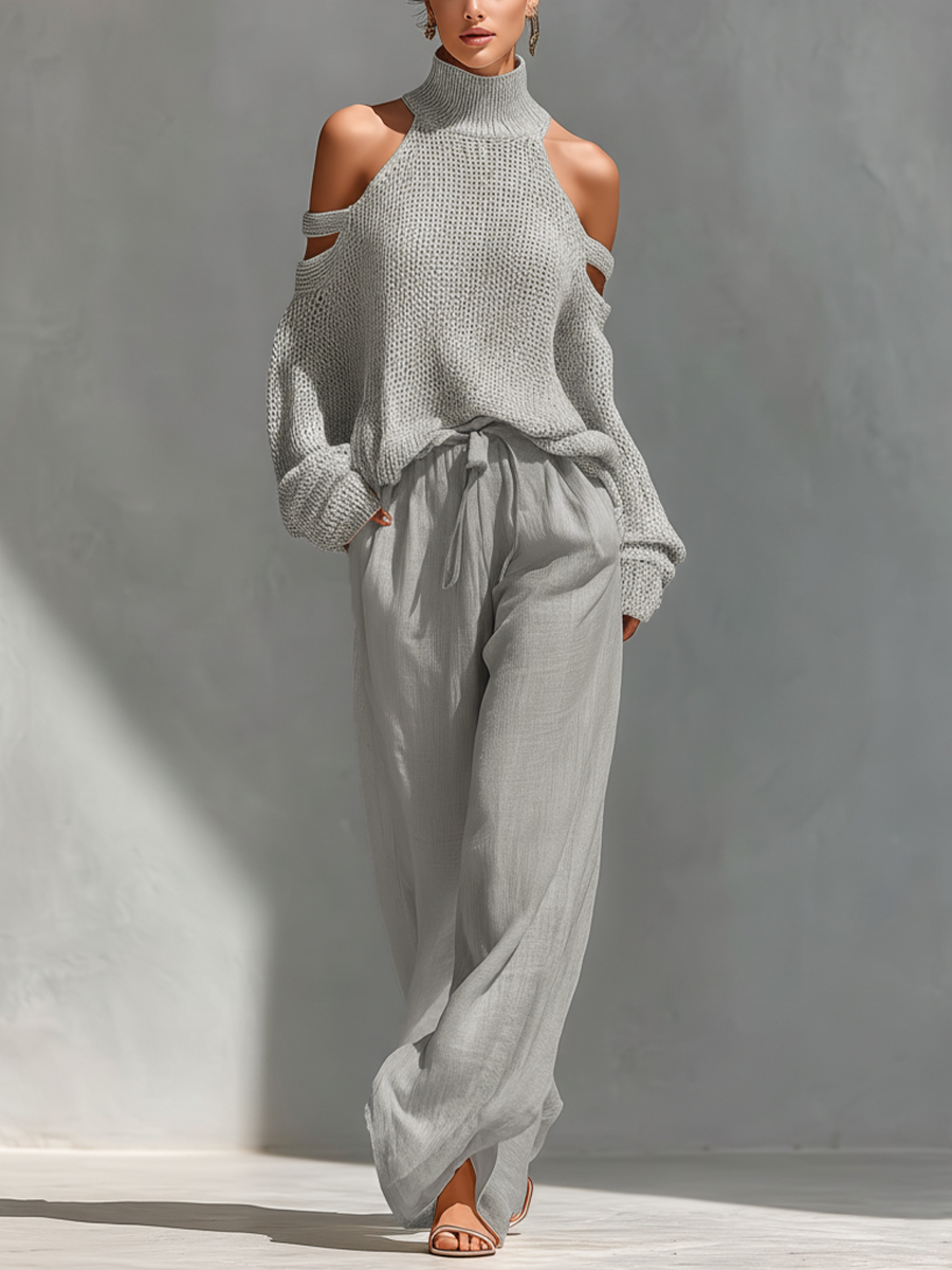 Turtleneck Top & Wide-Leg Pants Set