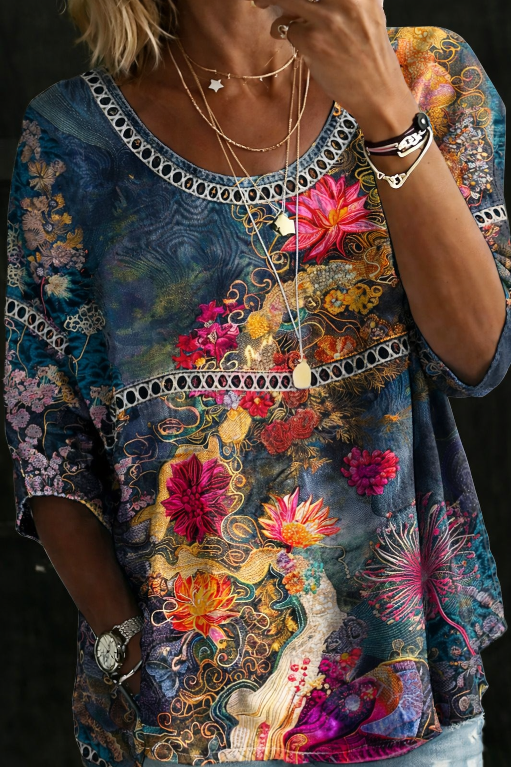 Nicole | Vintage Floral Denim-Look Blouse