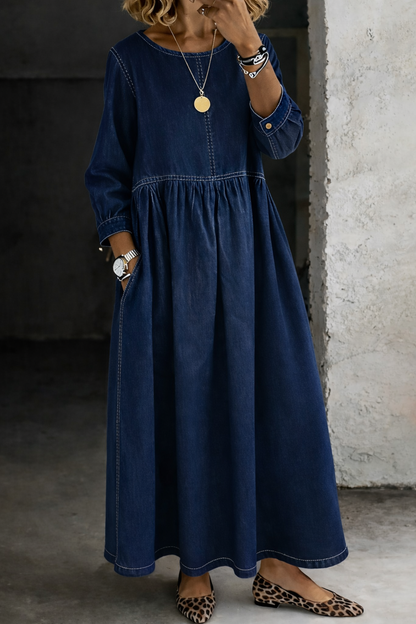 Melissa | Round Neck Long Sleeve Denim-Look Dress