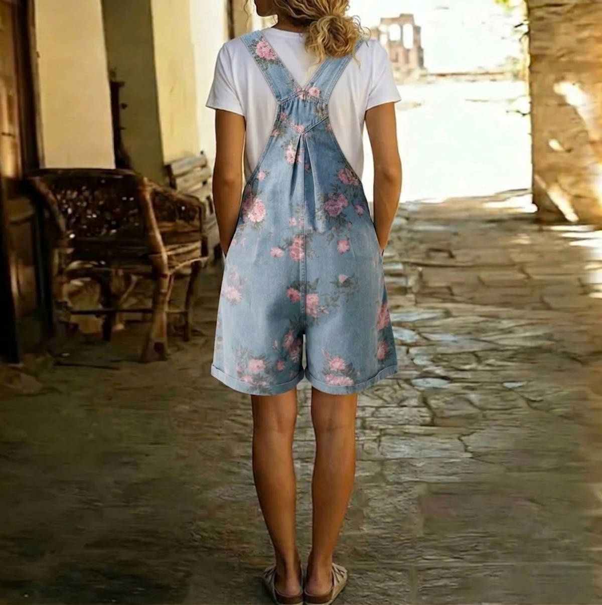 June - Vintage Washed Soft Denim-Look Floral Jumpsuit