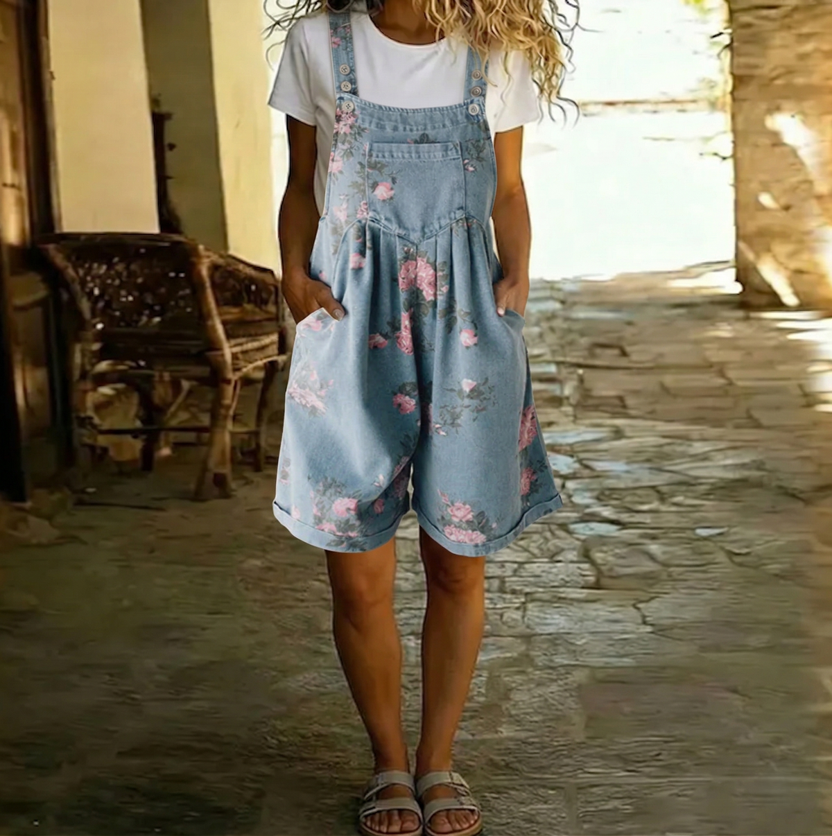 June - Vintage Washed Soft Denim-Look Floral Jumpsuit