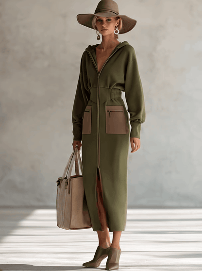 Linda | Elegant Olive Zip-Up Maxi Dress