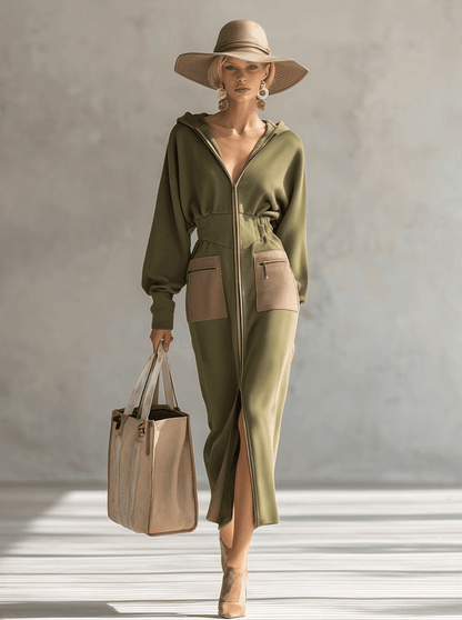 Linda | Elegant Olive Zip-Up Maxi Dress