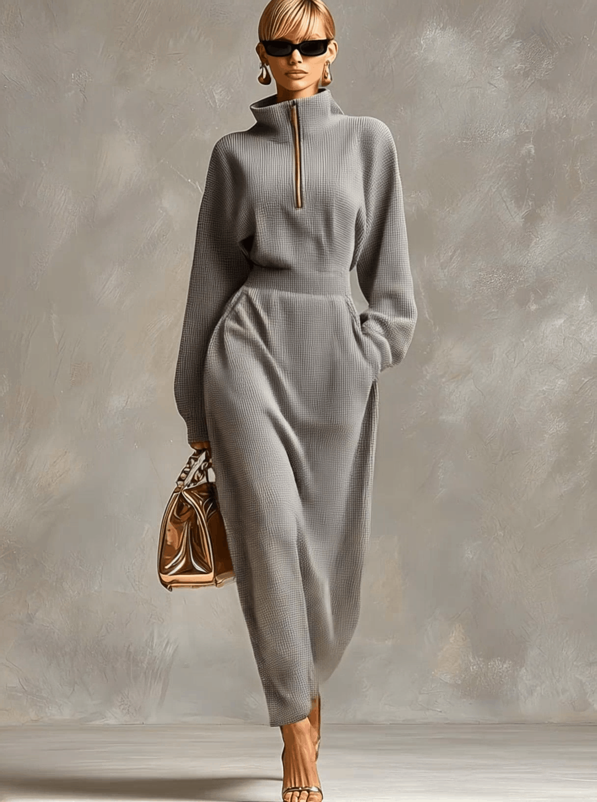 Lillian | Soft Gray Waffle Knit Maxi Dress