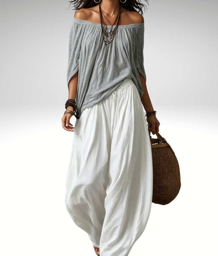Grey Off-shoulder Top And White Loose-fitting Lantern Pants Suit