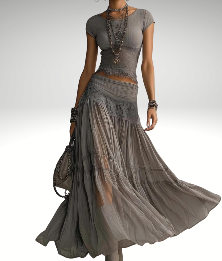 LACE-PANELED TOP AND PLEATED MAXI SKIRT SET